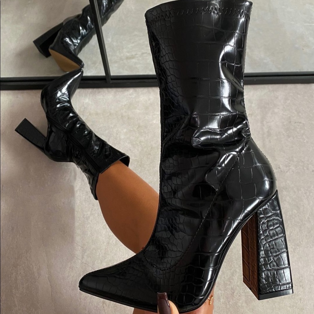 Block Heel Ankle Boot Croc Print Faux Leather